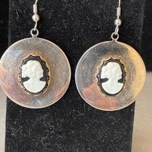 Carved Cameos Set on Black Stone Scalloped Framed on Gold Medallion Hook Earring